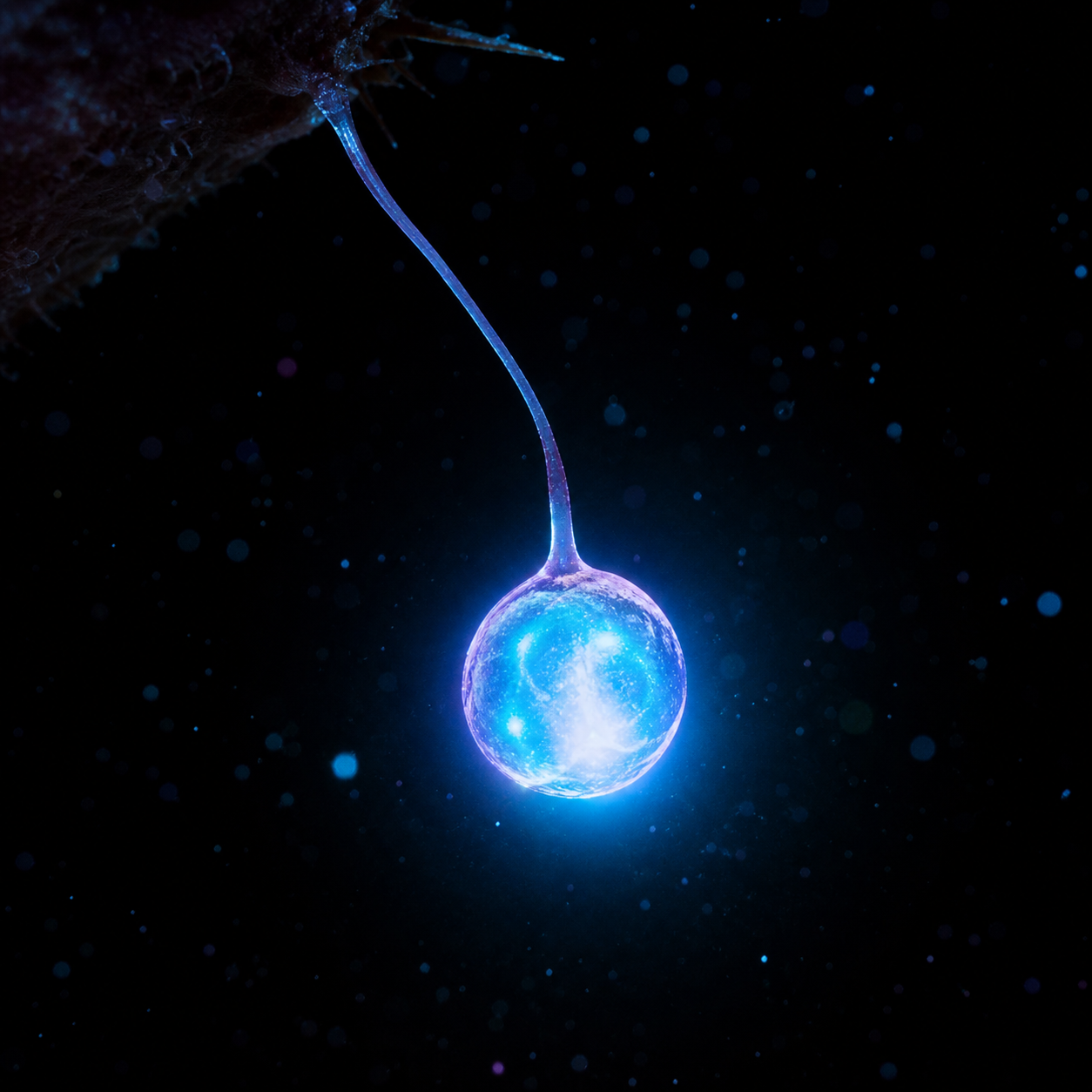 A glowing bioluminescent anglerfish lure orb dangling in darkness