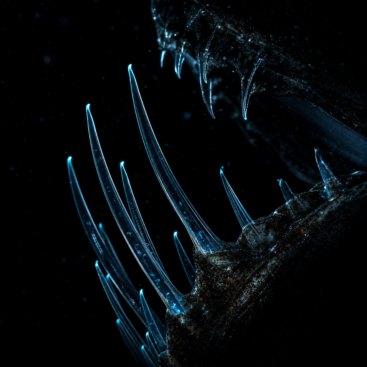 Needle-like transparent dragonfish teeth faintly outlined by bioluminescent glow