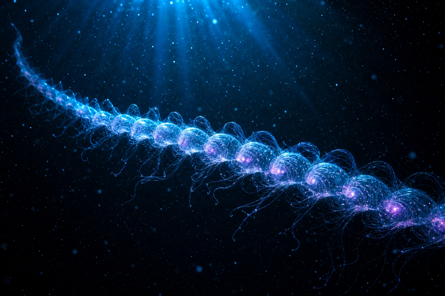 A long chain of glowing bioluminescent siphonophore colony orbs