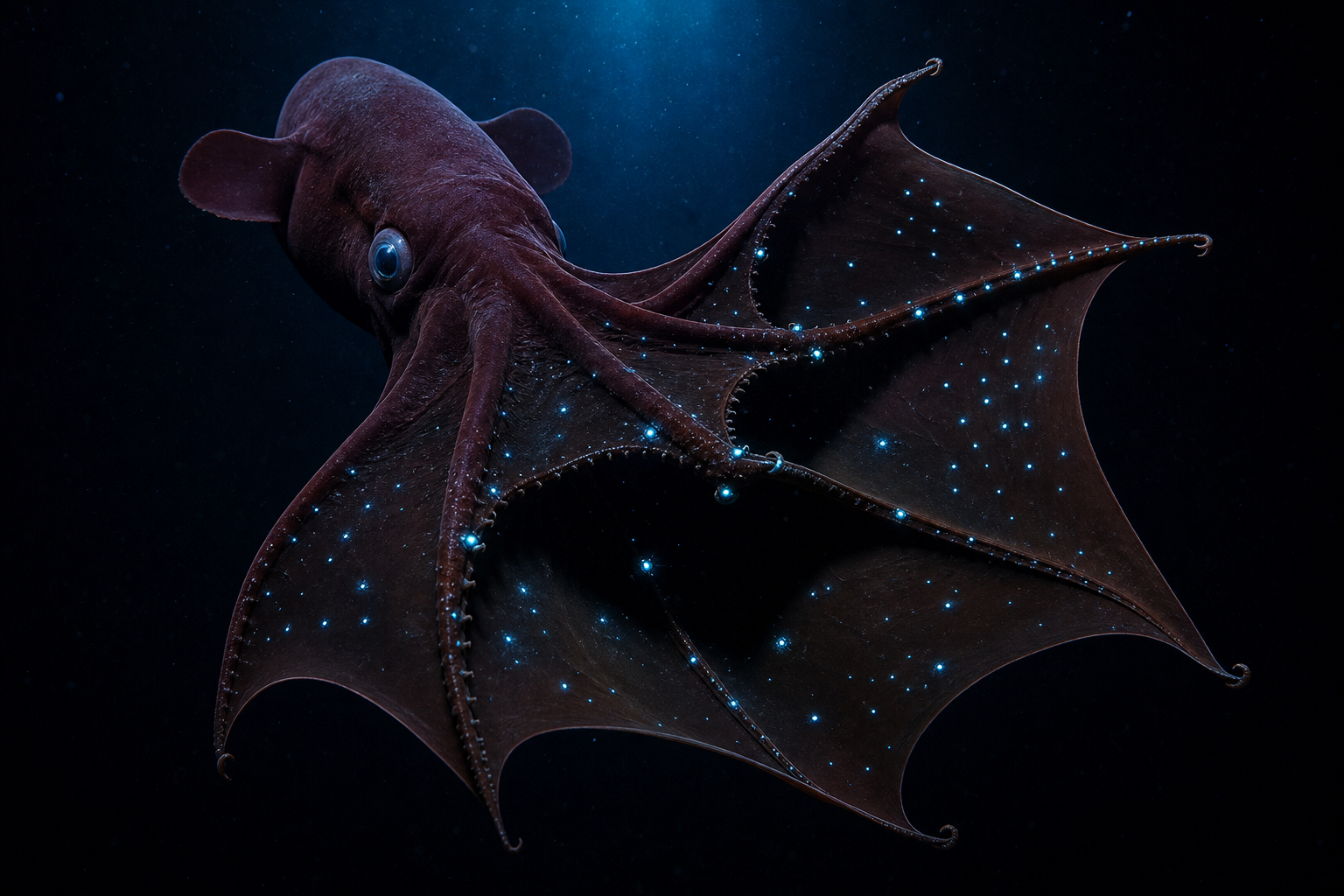 A vampire squid with arms spread like a cape, photophores glowing